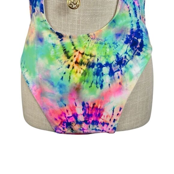 Luli Fama Neon Tie Dye Celestial Dreams Tie Front High Leg One Piece Swimsuit - Picture 12 of 16